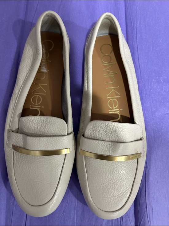 Calvin Klein Shoes - Calvin Klein Women's Beige Leather Loafers with Gold Trim